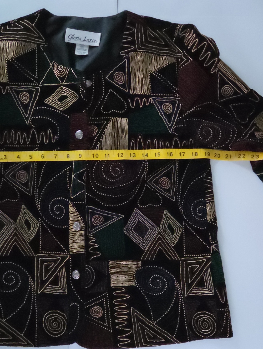 80s Vintage Gloria Lance Black Gold Wearable Art Geometric Art to Wear Jacket M